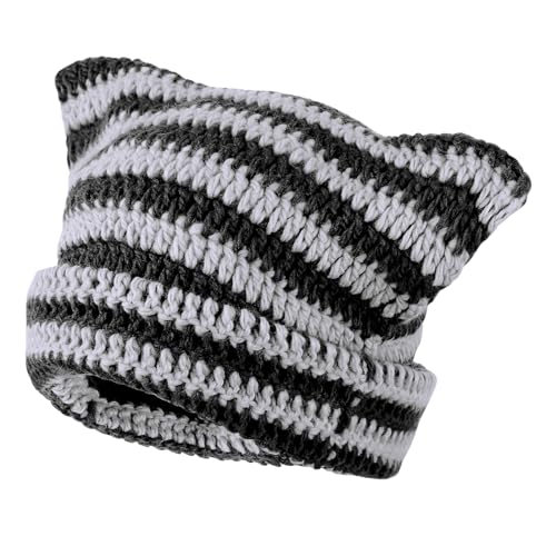 DIVINA VITAE Y2k Cat Beanie, Mütze Katzenohren Mütze Strickmütze mit Katzenohren Beanie Wintermütze, Warme Mütze Katze Slouchy Mützen für Damen Frauen Y2k Grunge Accessoires (Schwarzgrau) von DIVINA VITAE