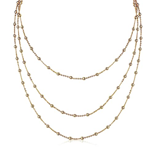 DJADEE Trio Shiny Kette Gold vergoldet Damen Wasserfeste Kette mit Goldperlen 3er Kette Länge verstellbar Halskette Frauen Mädchen Kugelkette von DJADEE