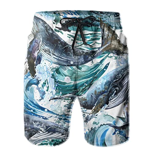 DJNGN Waves and Whales Herren-Badehose, schnell trocknende Badeshorts, stilvolle Strand-Board-Shorts-Badebekleidung von DJNGN