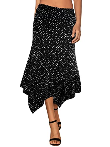 DJT Damen Elastisch Plissierte Taille Elegant Rock A-Linie Faltenrock Midi Rock mit Taschentuch Saum Schwarze Tupfen XL DJT Damen Elastisch Plissierte Taille Elegant Rock A-Linie Faltenrock Midi Rock mit Taschentuch Saum Schwarze Tupfen XL von DJT