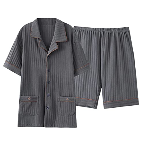 DJUNJUN Pyjama-Set Für Herren 100% Baumwolle Schlafanzug Knopf Vorne Top und Elastische Böden Leichte Nachtwäsche Kurzarm Sommer Loungekleidung 2 Stück Nachtwäsche Kurze Hose,Grau,L von DJUNJUN