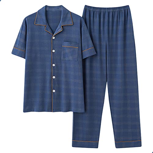 DJUNJUN Herren Schlafanzug Baumwolle Loungekleidung Kurzarm Button-Down PJ-Sets Gemütlich Zwei Stücke Nachtwäsche Nachtwäsche mit Taschen,1,5XL von DJUNJUN