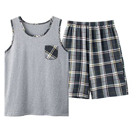 DJUNJUN Herren Schlafanzug Shorts-Sets Rundhals Baumwolle Pyjama-Set Jugendliche Schlafweste und Shorts Pyjama Zweiteilige Sets Sommer Loungekleidung Nachtwäsche-Set zum Männer,10,3XL von DJUNJUN