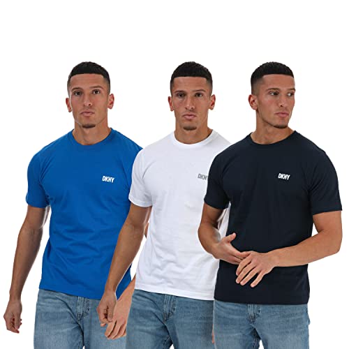 DKNY Herren T-Shirt in Marineblau/Weiß/Blau, Standardpassform mit Rundhalsausschnitt und markantem Logo - superweiche und Bequeme Loungewear aus 100% Baumwolle - Multipack mit 3 Stück. von DKNY