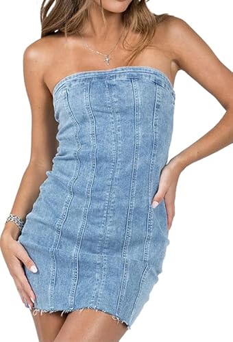 DKYM Denim-Minikleid, Jeanskleider für Damen, 2024, lässig, Sommer, trägerloses Kleid, sexy Schlauch-Denim-Kleid für Damen, Blau, Klein DKYM Denim-Minikleid, Jeanskleider für Damen, 2024, lässig, Sommer, trägerloses Kleid, sexy Schlauch-Denim-Kleid für Damen, Blau, Klein von DKYM