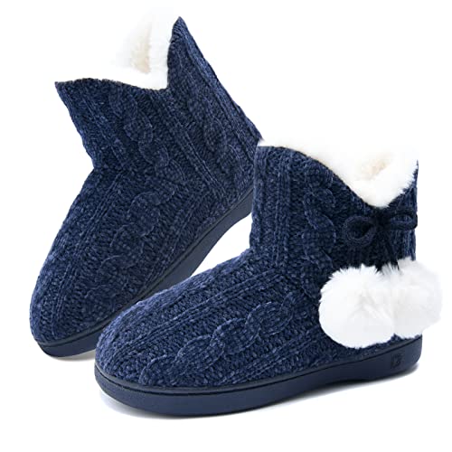 DL Hausschuhe Damen Warm Winter Plüsch Knit Bootie Pantoffeln harter Sohle House Slippers Hausstiefel Hüttenschuhe Navy Blau 36 von DL