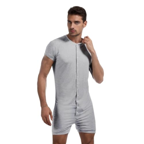 DLSMDOUS Herren Einteiler Pyjama mit Kurzen Ärmeln Sexy Lounge Einteiler Pyjama Overall Pyjama Dehnbarer Strampler Pyjama für Erwachsene Grau M von DLSMDOUS