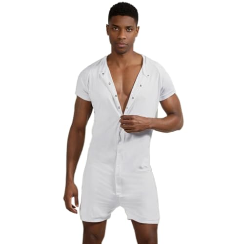 DLSMDOUS Herren Einteiler Pyjama mit Kurzen Ärmeln Sexy Lounge Einteiler Pyjama Overall Pyjama Dehnbarer Strampler Pyjama für Erwachsene Weiß M von DLSMDOUS