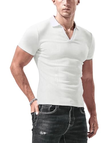 DLSMDOUS Herren Rippenstrick Golf Tshirts mit V-Ausschnitt Kurzarm Slim Fit Weiß L von DLSMDOUS