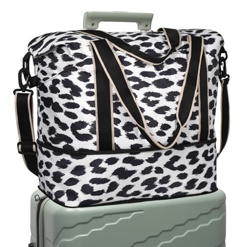 DMLuna Reisetasche, Sporttasche, Schultertasche, Wochenendtasche für Damen und Herren, Krankenhaustasche, erweiterbare Reisetasche mit Trolleyhülle/Nassfach, Z - Schwarz/Weiß Leopard von DMLuna