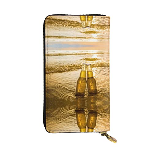 DMORJ Flaschen Bier Strand Sonnenuntergang Zeit Leder Lange Clutch Geldbörse: 19 x 10 cm Bequem Leicht Wasserdicht Langlebig Schönes Geschenk, Schwarz, Einheitsgröße, Schwarz , Einheitsgröße von DMORJ