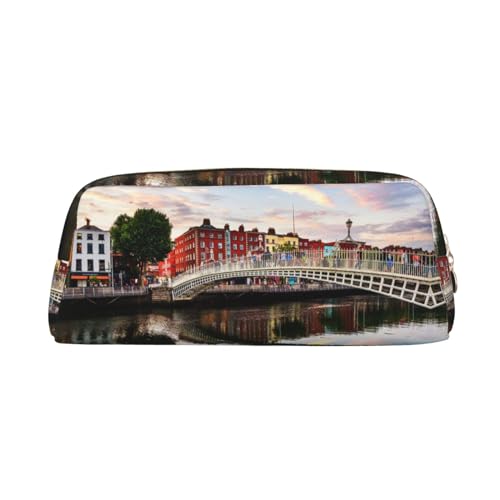 DNBCLEZK Federmäppchen aus Leder, Motiv: Brücke, Sonnenuntergang, Flusslandschaft, niedliches Federmäppchen für Mädchen und Jungen, personalisierbar, gold, Einheitsgröße, Taschen-Organizer von DNBCLEZK