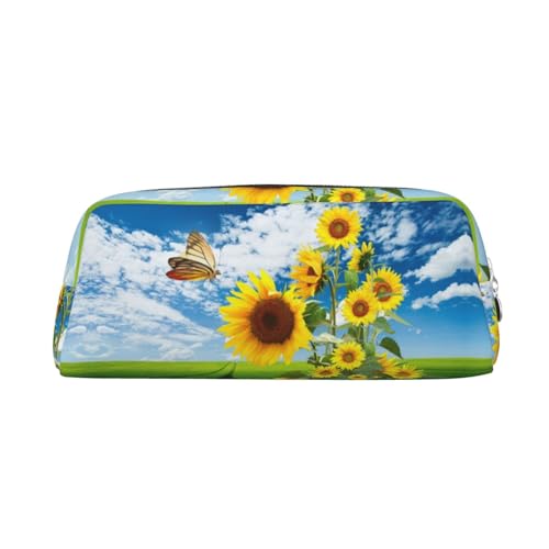 DNBCLEZK Federmäppchen aus Leder, Motiv: Sonnenblume und Schmetterling, niedliches Federmäppchen für Mädchen und Jungen, personalisierbar, silber, Einheitsgröße, Taschen-Organizer von DNBCLEZK