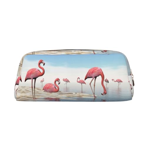 DNBCLEZK Federmäppchen für Mädchen und Jungen, Motiv: Flamingos am Strand, bedrucktes Leder, niedlich, personalisierbar, Schreibwaren-Aufbewahrungstaschen, gold, Einheitsgröße, Taschen-Organizer von DNBCLEZK