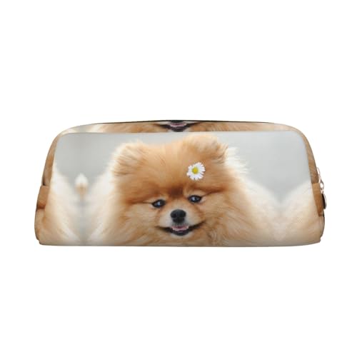 DNBCLEZK Federmäppchen mit Hund mit Blume, bedrucktes Leder, niedlich, personalisierbar, Schreibwaren-Aufbewahrungstaschen, gold, Einheitsgröße, Taschen-Organizer von DNBCLEZK