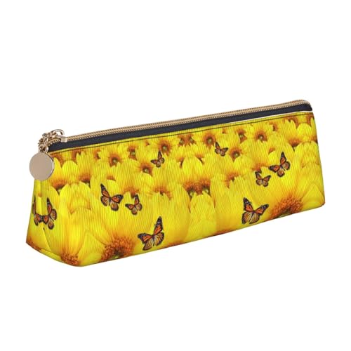 DNBCLEZK Federmäppchen mit gelben Blumen und Schmetterlingen für Mädchen und Jungen, bedrucktes Leder, niedlich, personalisierbar, weiß, Einheitsgröße, Taschen-Organizer von DNBCLEZK