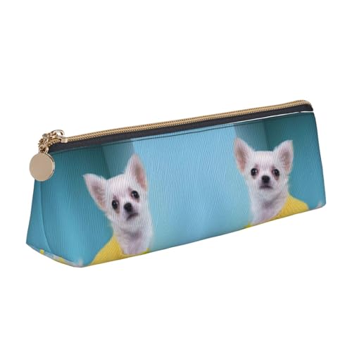 DNBCLEZK Niedliches Chihuahua-Federmäppchen für Mädchen und Jungen, bedrucktes Leder, niedliche personalisierte Schreibwaren-Aufbewahrungstaschen, weiß, Einheitsgröße, Taschen-Organizer von DNBCLEZK