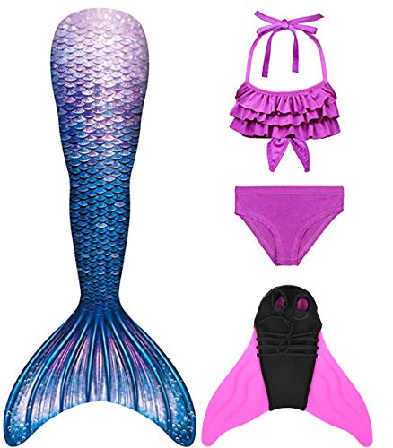 DNFUN Meerjungfrauenflosse Mädchen Cosplay Meerjungfrauenschwanz mit Bikini und Meerjungfrau Flosse für Kinder zum Schwimmen,rosa,JCK24,120 von DNFUN