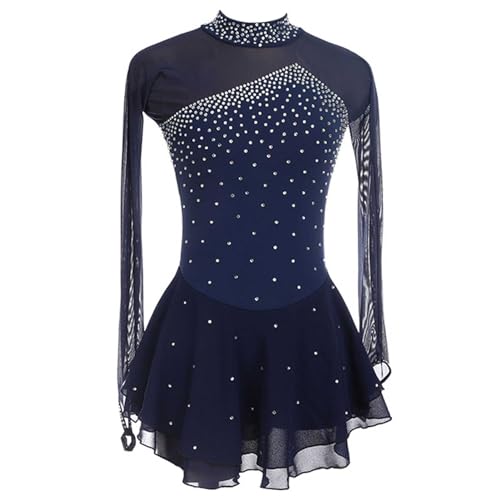 Damen Mädchen Eiskunstlauf Kleid mit Glitzer Kristallen Langarm Gymnastik Leotard Turnanzug Tanzkostüm von DNJKH