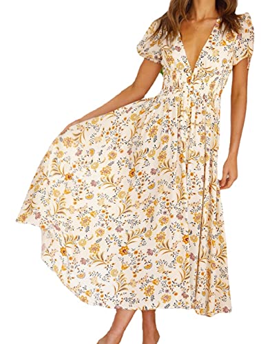 Damen Sommerkleid mit gelbem Blumenmuster, kurze Puffärmel, tiefer V-Ausschnitt, elastisch, hohe Taille, einteilig, Retro-Stil, Vintage-Teekleid, gelb, Mittel von DOBRE