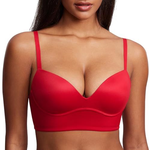 DOBREVA BH Damen ohne Bügel Push Up T Shirt BHS Gepolstert Bustier Soft Nahtloser Lippenstift Rot 70B von DOBREVA