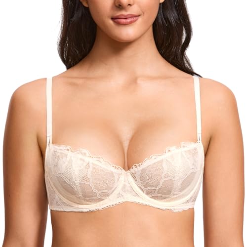 DOBREVA Damen Balkonett BH Spitze Ohne Polster Bügel Push Up Rose White 70F von DOBREVA