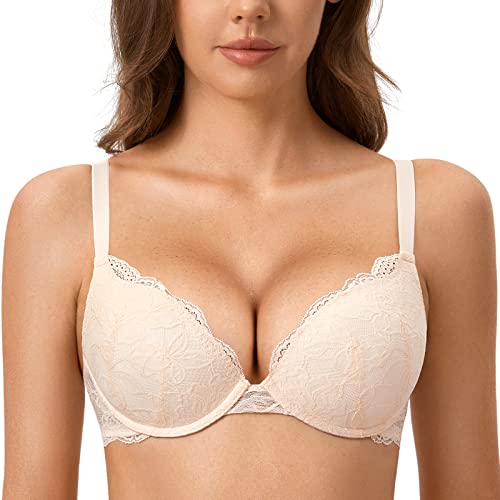 DOBREVA Damen Push Up BH Mit Spitze Gepolstert Plunge Bügel Vollschalen BHS Gemoldete Cups Rose White 70D von DOBREVA