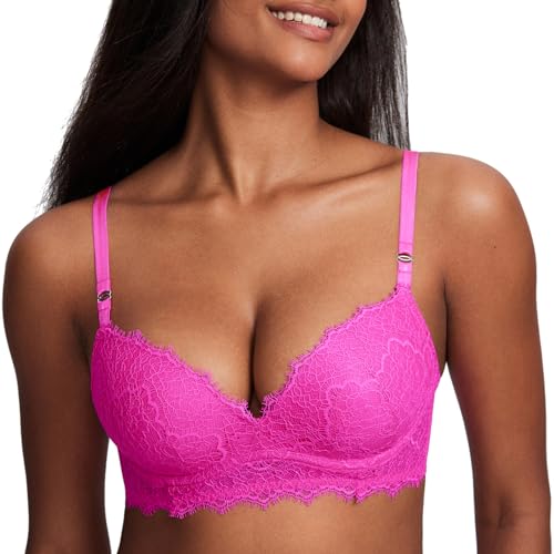 DOBREVA Damen Push Up BH ohne Bügel Soft Spitze Bügelloser BHS Gepolstert Bequemer Tiefer Ausschnitt Helles Fuchsia 80A von DOBREVA