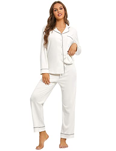 DOBREVA Damen Schlafanzug Zweiteiliger Langarm und Lang Hose Nachtwäsche Baumwolle mit Knopfleiste Pyjama Set Elfenbein 40 von DOBREVA