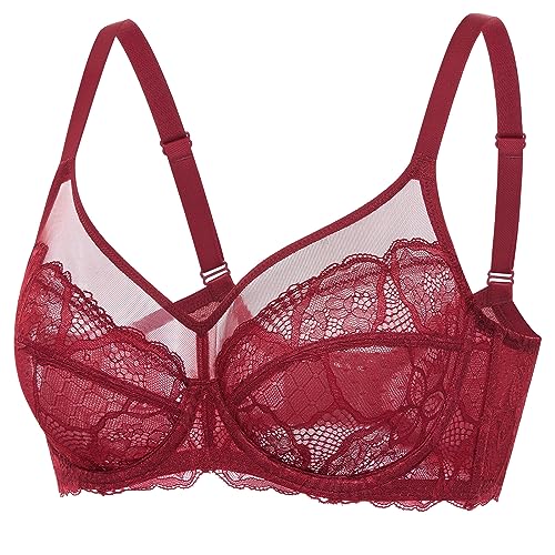 DOBREVA Damen Spitzen Minimizer BH mit Bügel Große Brüste Sexy Vollschalen Ungefüttert Chinesisches Rot 80G von DOBREVA