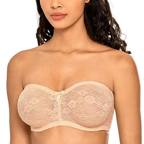 DOBREVA Damen Trägerloser BH mit Bügel Durchsichtig Spitze Dirndl Bandeau BHS mit Transparenten Trägern Beige 95C von DOBREVA