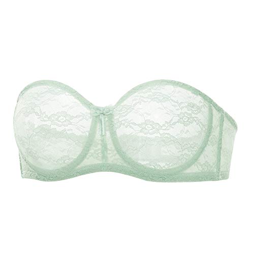 DOBREVA Damen Trägerloser BH mit Bügel Durchsichtig Spitze Dirndl Bandeau BHS mit Transparenten Trägern Mint Grün 75G von DOBREVA