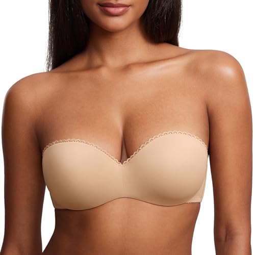 DOBREVA Damen Trägerloser BH Push Up mit Bügel Trägerlos Bandeau BHS Taupe-Tan 75D von DOBREVA