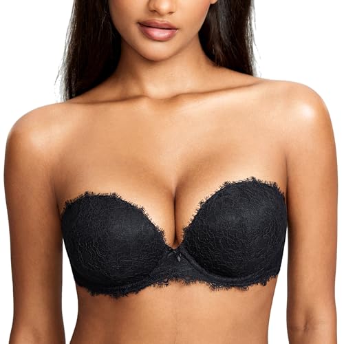 DOBREVA Damen Trägerloser Push Up BH Spitzen Tiefer Ausschnitt Bügel BHS Gepolsterter mit Abnehmbaren Trägern Schwarz 90C von DOBREVA