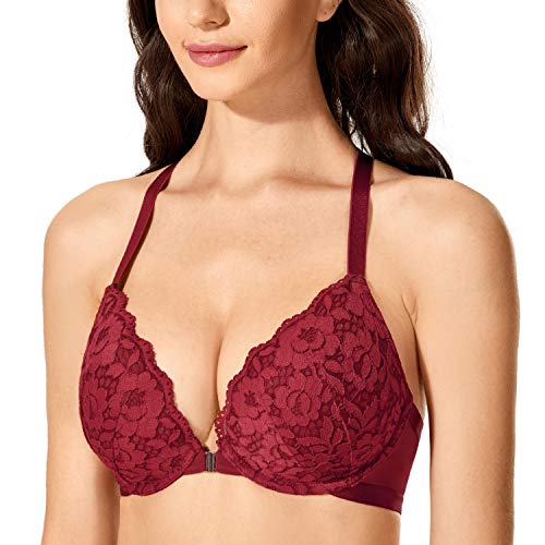 DOBREVA Damen Vorderverschluss BH mit Bügel Push Up Spitzen Neckholder BHS Racerback Tiefer Ausschnitt Gepolsterter Cerise 70C von DOBREVA