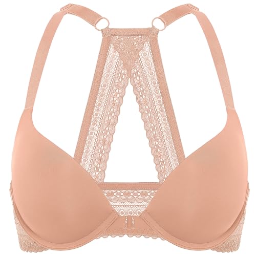 DOBREVA Damen Vorderverschluss Push Up BH mit Bügel Soft T Shirt Tiefen Ausschnitt BHS Neckholder Gepolsterter Grapefruit Orange 85B von DOBREVA