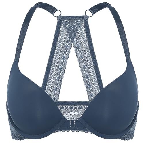 DOBREVA Damen Vorderverschluss Push Up BH mit Bügel Soft T Shirt Tiefen Ausschnitt BHS Neckholder Gepolsterter Sargasso 85C von DOBREVA