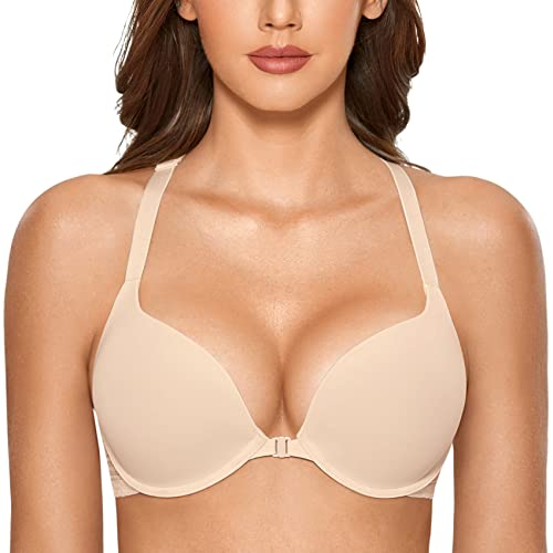 DOBREVA Damen Vorderverschluss Push Up BH mit Bügel Soft T Shirt Tiefen Ausschnitt BHS Neckholder Gepolsterter Beige 80A von DOBREVA