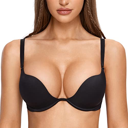 DOBREVA Damen mit Bügel Deep U Push Up Plunge BH Sexy Gepolstert Tshirt Schwarz 75C von DOBREVA