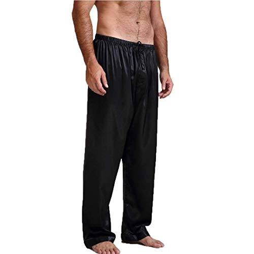 DODOYA Herren Satin-Schlafanzughose, lang, klassisch, einfarbig, Seide, Schlafhose, lose Nachtwäsche, Hose mit Kordelzug (schwarz, XL) von DODOYA