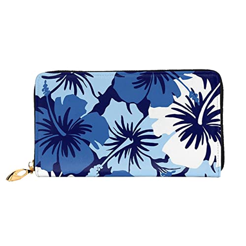 DOFFO Blau Hibiskus Druck Leder Brieftasche Für Frauen Geldbörse Fall Brieftasche Schlank Reißverschluss Telefon Kleingeld Geldbörse Kupplung Kartenhalter, Blauer Hibiskus, Einheitsgröße von DOFFO