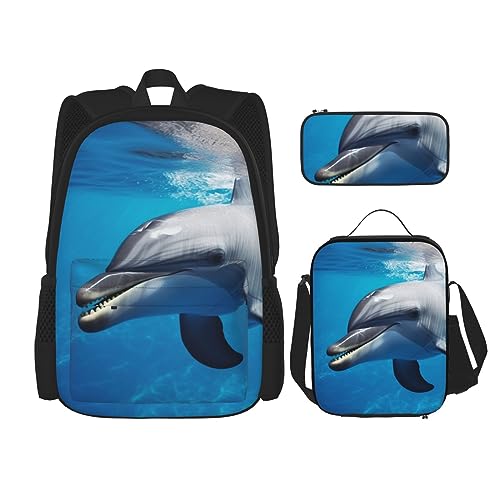 DOFFO Delfin Druck Rucksack Set, Reisen Laptop-Rucksack für Frauen Männer Alltag Buchtasche mit Lunchtasche Federmäppchen 3 Stück, Schwarz, One Size, schwarzes, One Size von DOFFO