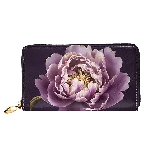 DOFFO Lila Elegante Pfingstrose Blume Druck Leder Brieftasche Für Frauen Geldbörse Schlank Reißverschluss Telefon Kleingeld Geldbörse Kupplung Kartenhalter Fall Brieftasche, Lila elegante von DOFFO