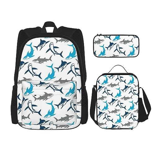 DOFFO Rucksack-Set mit Hai-Aufdruck, Reise-Laptop-Rucksack für Damen und Herren, lässige Büchertasche mit Lunch-Tasche, Bleistifttasche, 3-teilig, Schwarz, Einheitsgröße, Schwarz , Einheitsgröße von DOFFO