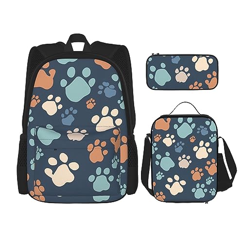 Süßes Hundepfoten-Druck-Rucksack-Set, Reise-Laptop-Rucksack für Damen und Herren, lässige Büchertasche mit Lunch-Tasche, Bleistifttasche, 3-teilig, Schwarz, Einheitsgröße, Tagesrucksäcke, Schwarz , von DOFFO