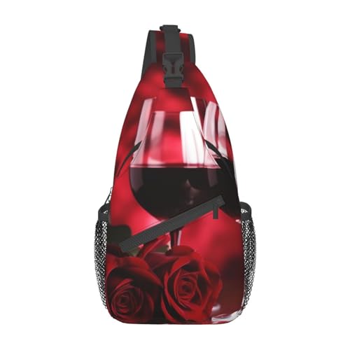 Umhängetasche mit verstellbarem Riemen, Delfin-Kunst-Brusttasche für Damen und Herren, Tagestasche, Wandern, Reisen, Rosen und Gläser Rotwein, Einheitsgröße von DOFFO