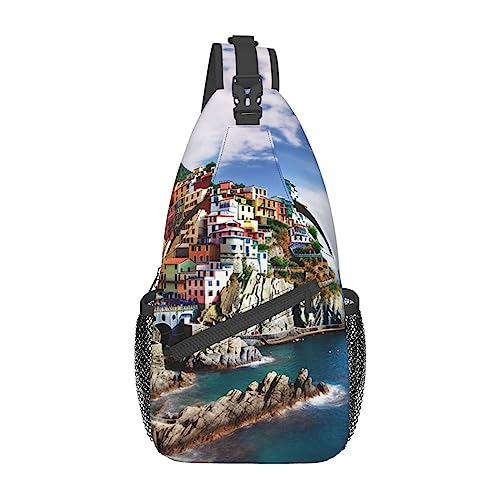 Umhängetasche mit verstellbarem Riemen, Ozean, Meer, Strand, Brusttasche für Damen und Herren, Tagestasche, Wandern, Reisen, Cinque Terre Scenery, Einheitsgröße von DOFFO