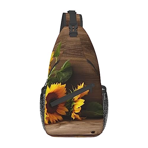 Umhängetasche mit verstellbarem Riemen, Sonnenblumen auf Holzbrett, Brusttasche für Damen und Herren, Tagestasche, Wandern, Reisen, Sonnenblumen auf Holzbrett, Einheitsgröße von DOFFO