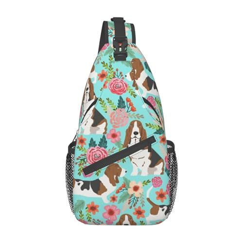 Umhängetasche mit verstellbarem Riemen, süße Basset Hound Blumen, Brusttasche für Damen und Herren, Tagestasche, Wandern, Reisen, Sweet Basset Hound Florals, Einheitsgröße von DOFFO