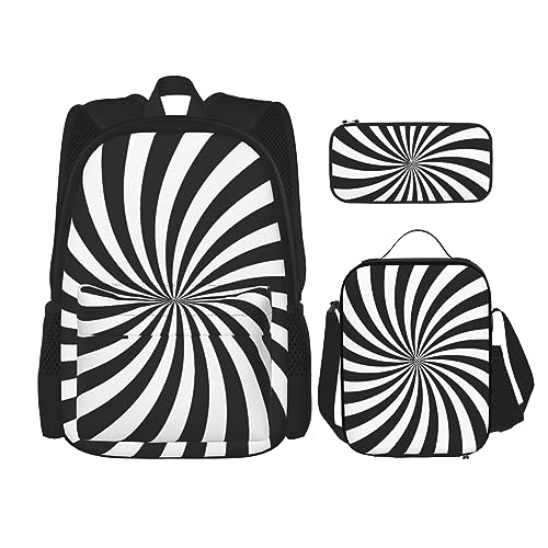 Weiß schwarz Wirbel Design Druck Rucksack Set, Reisen Laptop-Rucksack für Frauen Männer Alltag Buchtasche mit Mittagessen Tasche Stifttasche 3 Stück, Schwarz, One Size, schwarzes, One Size von DOFFO